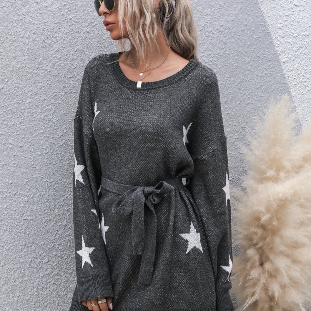 charcoal star print belted sweater dress fall - Picture 3 of 5